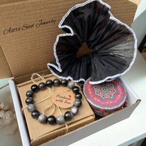 Self-Care Gift Box Stone Beaded Bracelet, Scented Candle, and Floral Scrunchie